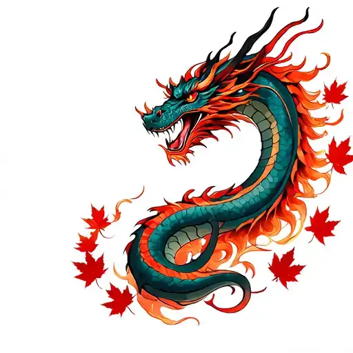 Fine line Japanese Dragon slithering long towering over samurai red highlights and maple leafs tattoo design idea