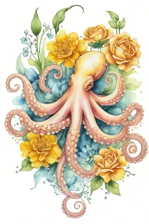 octopus, snowdrop, rose,  marigold flower tattoo design idea