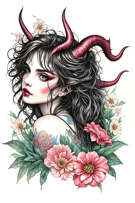 hot devil girl and flowers tattoo design idea