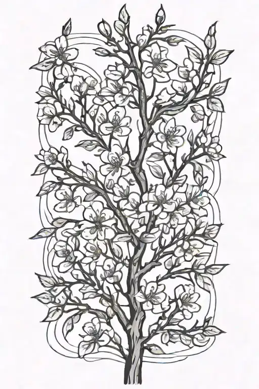 thin narrow black and white masculine cherry branch tattoo with minimal blossoms  with 4 birds tattoo design idea
