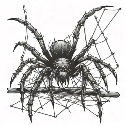 A gothic cybersigilism spider crawling on a barbed wire fence tattoo design idea