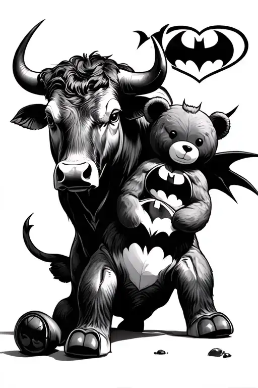 taurus bull with virgo zodiac sign with love batman logo and teddy bear  tattoo design idea
