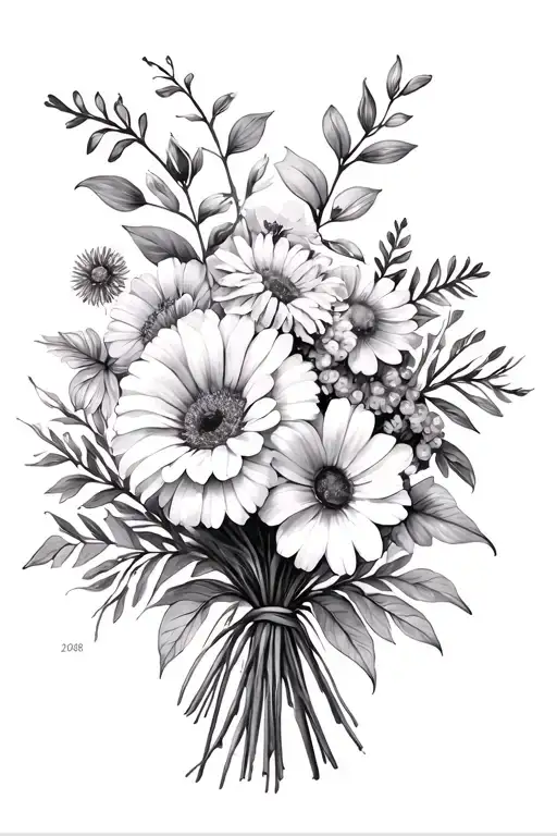 "2008 " make me a bouquet of these birth months flowers, 2September, 3July, 1 March, 1 February, 1 April, 1 January  tattoo design idea