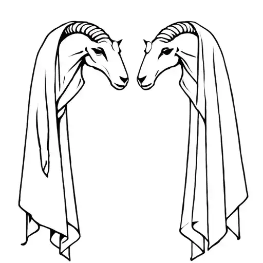Two elements: a goat's head and death in a cloak, facing each other, are separated from each other. tattoo design idea