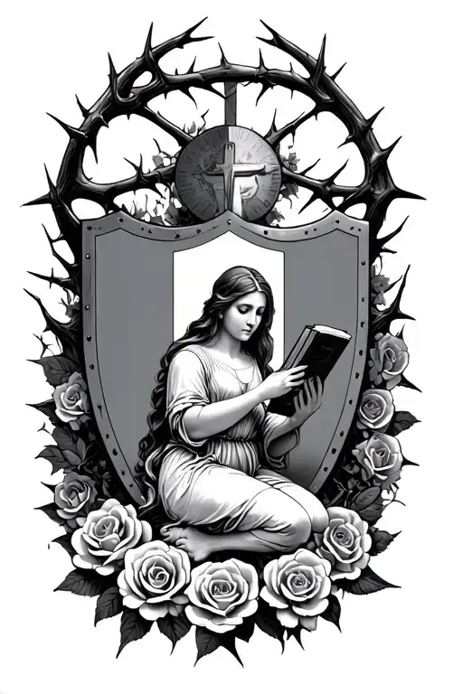 shield with thorns and roses around it with a woman kneeling holding her bible looking down tattoo design idea