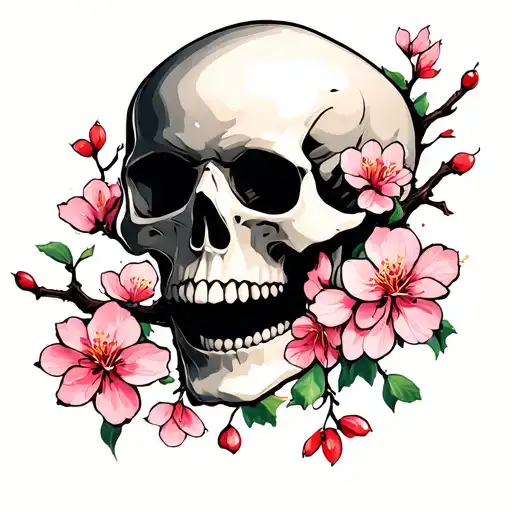 Japanese skull and cherry blossoms falling tattoo design idea