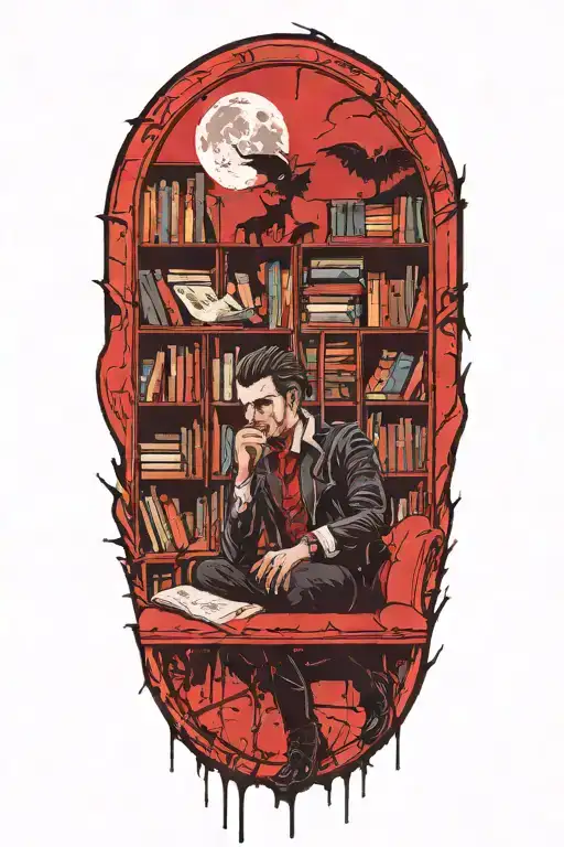 A vampire sitting in an office library. Full moon outside window. Bats  tattoo design idea