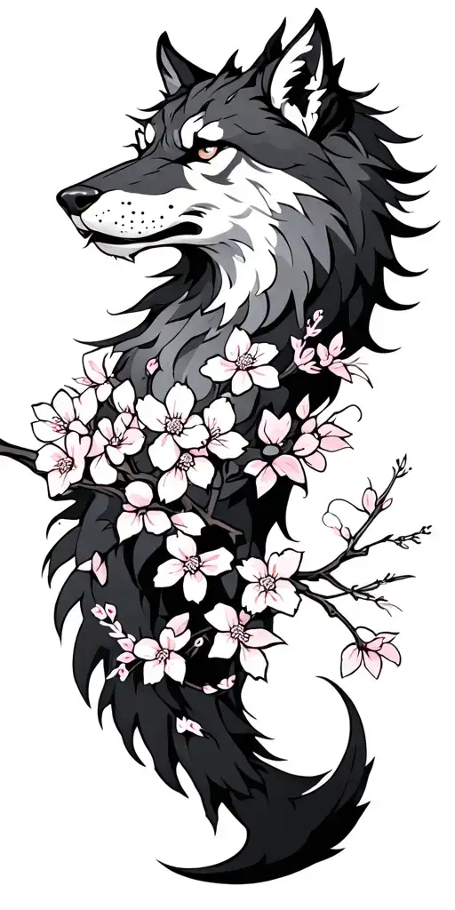 Nordic fenrir with sakura blossoms tattoo design idea