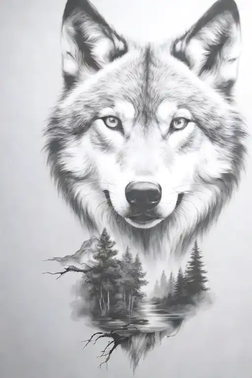 wolf cub, moon, forest, river, adult wolf, smoke rising tattoo design idea