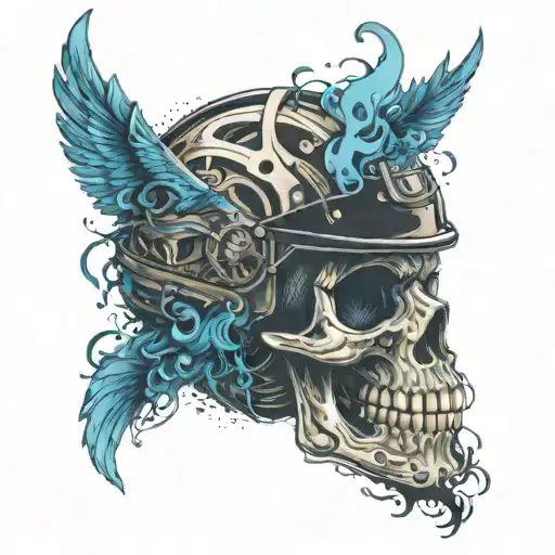 Create a dynamic composition of a skull wearing a motorcycle helmet, surrounded by swirling blue flames and abstract art elements tattoo design idea