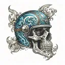 Create a dynamic composition of a skull wearing a motorcycle helmet, surrounded by swirling blue flames and abstract art elements tattoo design idea