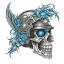 Create a dynamic composition of a skull wearing a motorcycle helmet, surrounded by swirling blue flames and abstract art elements tattoo design idea