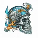 Create a dynamic composition of a skull wearing a motorcycle helmet, surrounded by swirling blue flames and abstract art elements tattoo design idea