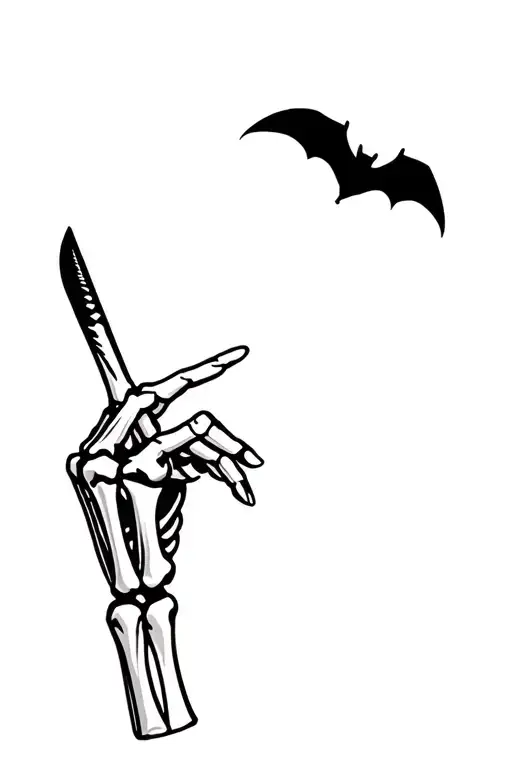  skeleton hand signing  roll and rock with a bat flying  tattoo design idea
