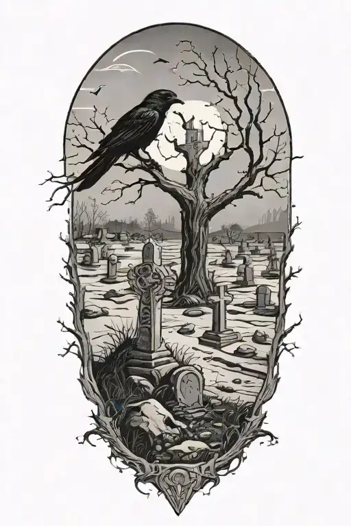 Graveyard with broken tombstones, a lone dead tree in the background, ravens guarding the are tattoo design idea