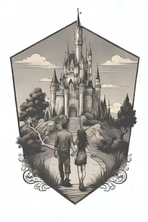 Disney castle on a hill with a boy and a girl holding hands walking towards it tattoo design idea