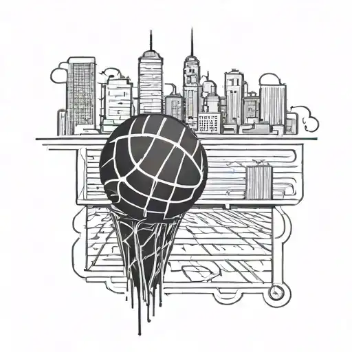 A basketball court with a city skyline in the background tattoo design idea
