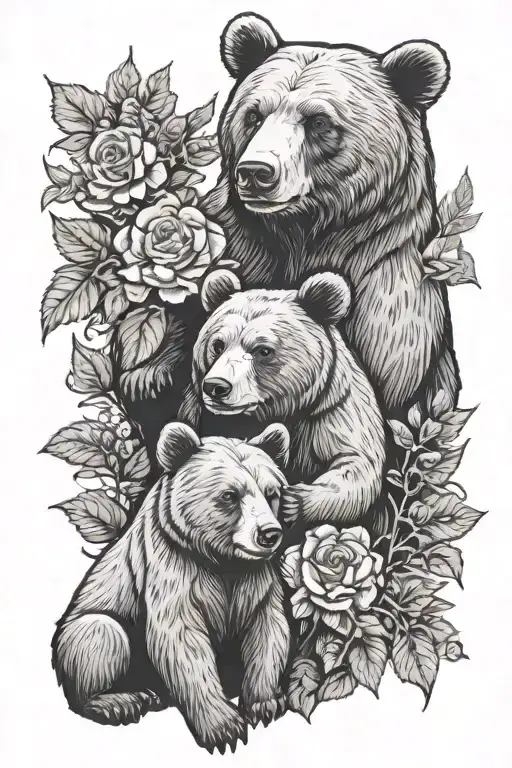 papa bear playing with 2 kid bears facing each other in the woods surrounded with birthflower august and april tattoo design idea
