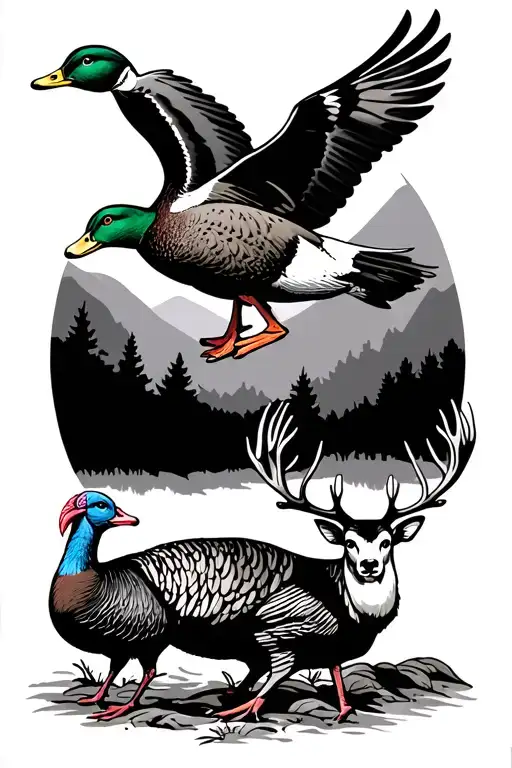 mallard duck flying above a deer buck with a strutting turkey below tattoo design idea