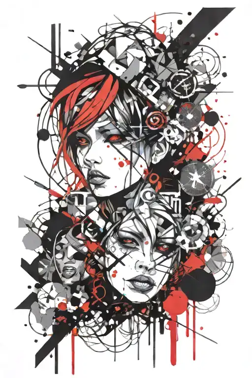 trash polka anime style with geometric design incorporated  tattoo design idea