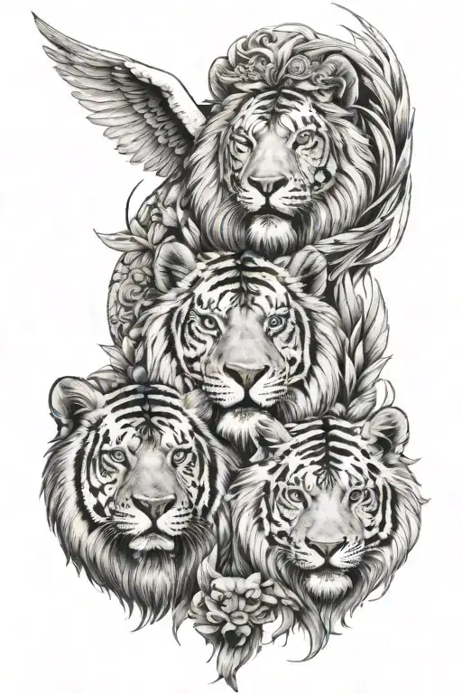 Angel wings one broken one normal with a Lion, tiger and wolf, hyina  tattoo design idea