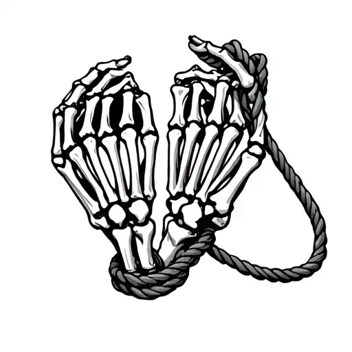 Two skeleton hands connected by one rope: the lower hand wears willing restraint, the upper hand holds control. tattoo design idea