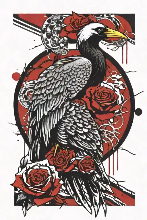 chicano crane, raven in profile and roses tattoo design idea