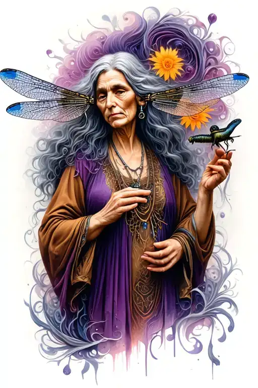 wise woman crone with grey hair holding dragonfly  tattoo design idea