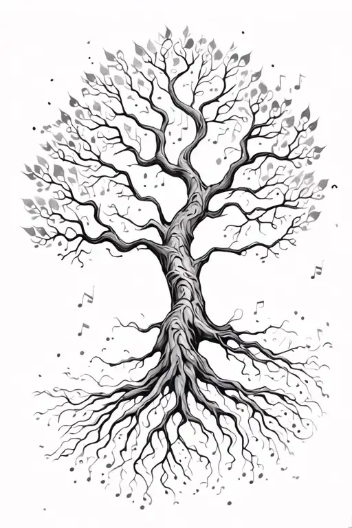 Tree of Life surrounded with music notes flowing in a brush stroke style tattoo design idea