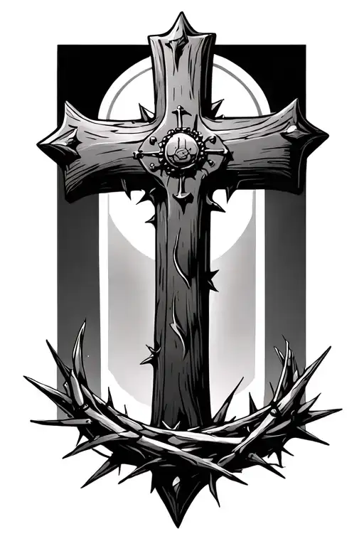 Cross made of 2 nails, crown of thorns hanging from the mid section, not highly detailed but accurate to the description tattoo design idea
