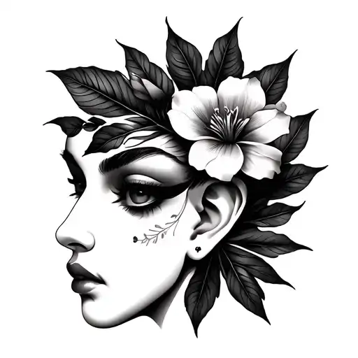 Bay leaf floral patterns face ear tattoo design idea