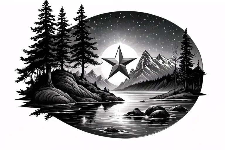 A realistic nature tattoo with a nautical star at the center, surrounded by mountains, trees, water, starry sky tattoo design idea