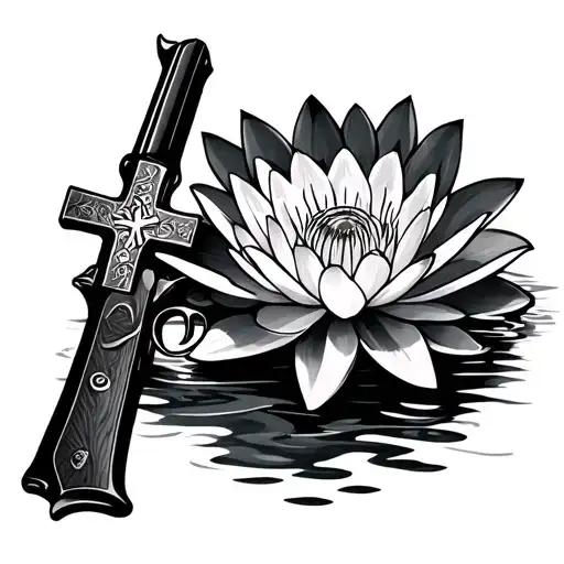 Water Lily and cross and shotgun tattoo design idea