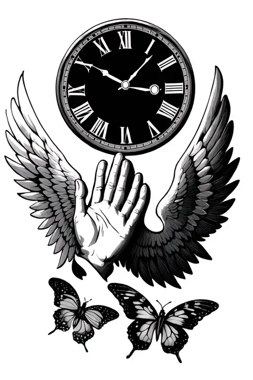 clock roman numerals, wings, praying hand and butterfly tattoo design idea