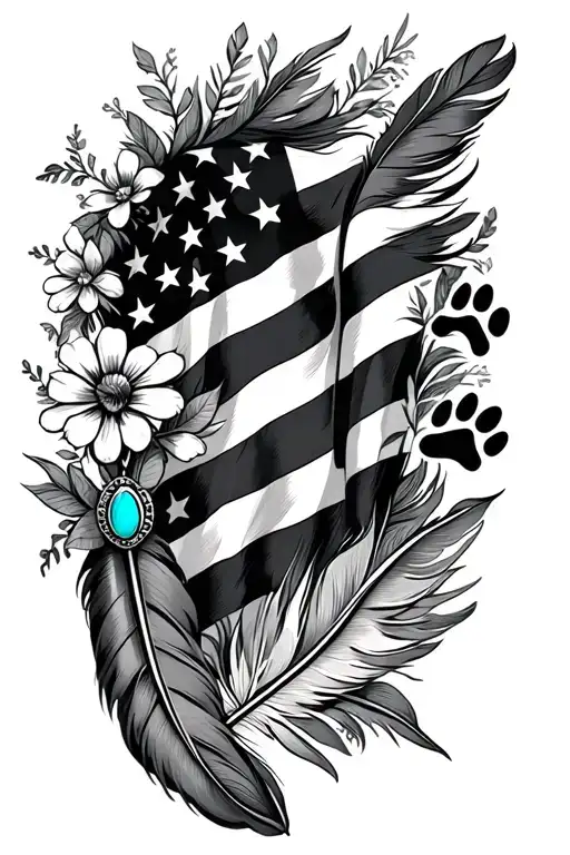 multiple feathers with 2 dog black paw prints incorporated, american flag,and turquoise western jewelry, flowers tattoo design idea