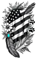 multiple feathers with 2 dog black paw prints incorporated, american flag,and turquoise western jewelry, flowers tattoo design idea