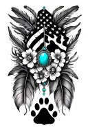 multiple feathers with 2 dog black paw prints incorporated, american flag,and turquoise western jewelry, flowers tattoo design idea