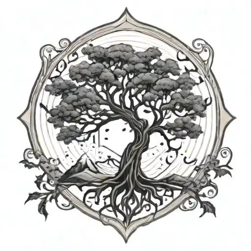 eldritch tree of life on shield for shoulder tattoo design idea
