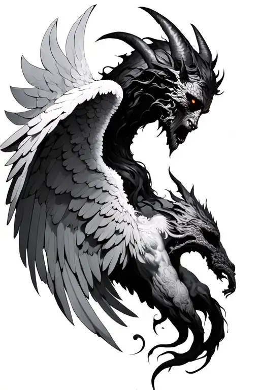 half angel half demon with wings flying tattoo design idea