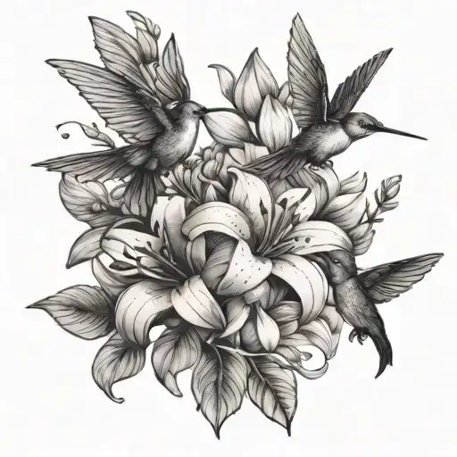 lavender flowers with lilies with hummingbirds flying tattoo design idea