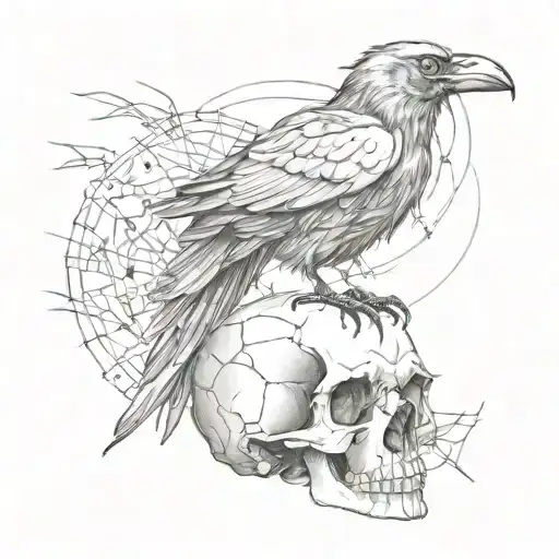 crow raven sitting on human skull with spider webs tattoo design idea