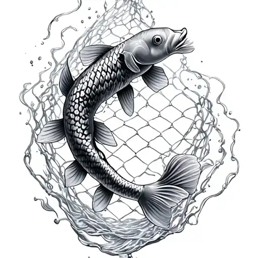 two koi fishes caught in a net trying to swim tattoo design idea