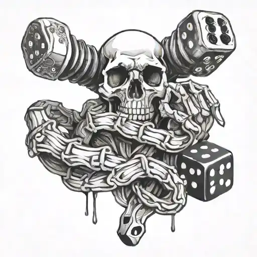 Skeleton hand holding the dice roll snake eyes tattoo design idea