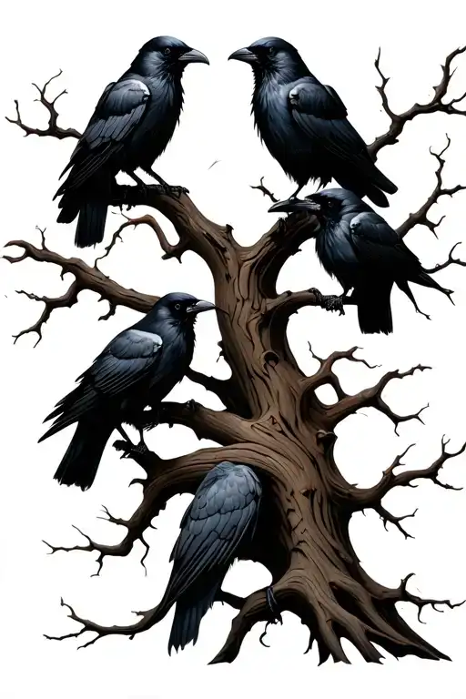 dead tree with six crows dark tattoo design idea