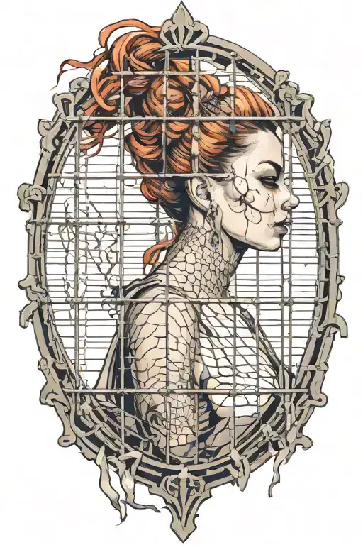 Melancholy woman in a cage, looks back in the mirror and sees a strong woman and breaks free from violence tattoo design idea