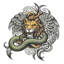 Half evil Devil wings with snake and half arc angle wings with lion tattoo design idea