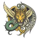 Half evil Devil wings with snake and half arc angle wings with lion tattoo design idea