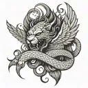Half evil Devil wings with snake and half arc angle wings with lion tattoo design idea
