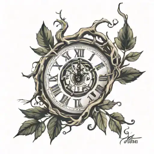 Broken clock roman numerals autumn tree twisted roots tattoo design idea