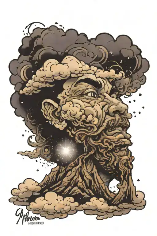 Clouds covering mountain with marcus aurelias face and galaxy tattoo design idea